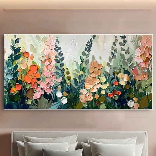 Dreamy Blooms Art Neutral Tones Flower Painting on Canvas Pastel Floral Canvas Art Luxurious Painting Heavy Impasto Art Tranquil Bedroom Art