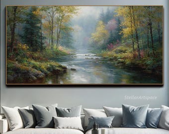 Misty Mountain Stream Textured Wall Art Forest River Landscape Painting On Canvas Autumn Trees Oil Canvas Living Room Wall Art