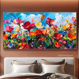 May include: A colourful abstract painting of a field of flowers in shades of red, orange, yellow, pink, and purple. The flowers are painted in a loose, impressionistic style, with visible brushstrokes. The background is a bright blue sky with white clouds.