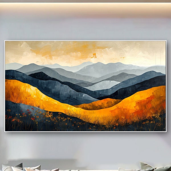 Bright Landscape Painting Textured Rolling Distant Mountain flower Canvas Painting Impressionist Decor Nature-Inspired Art Tranquil Fine Art