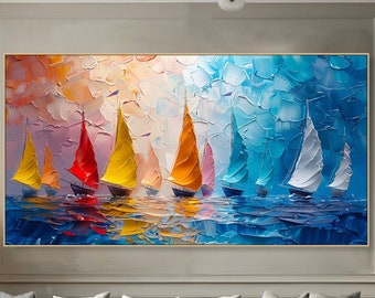 Abstract Sailboat Oil Painting Colorful Nautical Wall Art Modern Home Decor Large Canvas Artwork Vibrant Seascape Painting Contemporary Art
