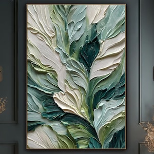 Green Leaf Abstract Texture Wall Art Painting on Canvas Living room Wall Art Sage Nature Floral Impasto Decor Original Heavy Large Oil