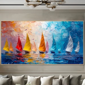 Pode incluir: Uma pintura abstrata colorida de veleiros em um oceano azul. Os veleiros são pintados em tons de vermelho, amarelo e branco. O oceano é pintado com pinceladas grossas, criando um efeito texturizado.