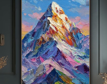Textured Impasto Mountain Oil Painting: Vibrant Palette Knife Peak art