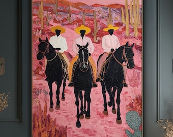 Textured Wall Art Cowboy Horse Riding Painting On Canvas Pink Landscape Art Desert Western Art Southwestern Wall Decor Living Room Wall Art