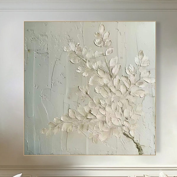 Pure White 3D Painting Textured Plant Impasto Painting on Canvas Modern Abstract Plant Wall Art Contemporary Soft Color Living Room Art
