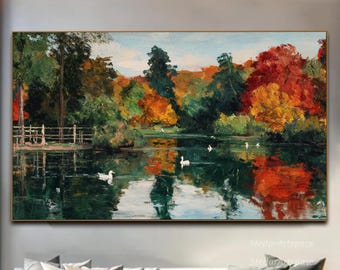 Fall Landscape Textured Wall Art Autumn Lake Painting On Canvas Colorful Forest Reflection Canvas Impressionist Art Living Room Wall Art