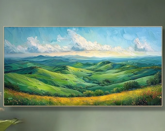 Helder landschap schilderij getextureerd luchtveld canvas handgeschilderde heuvels en wolken impressionistisch decor op de natuur geïnspireerde kunst rustige beeldende kunst,