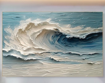 Blue Ocean Wave Painting on Canvas Impasto Textured Painting Designer Serene Canvas Art Minimalist Living Room Art Contemporary Art