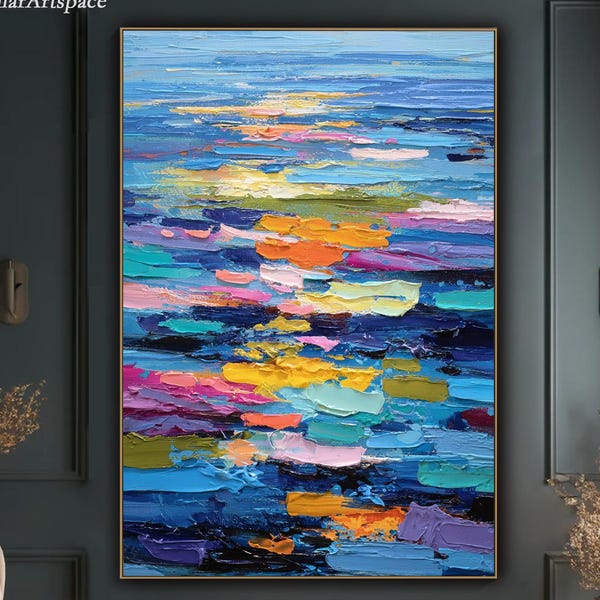 Impasto Ocean Sunset Painting: Textured Palette Knife Seascape Canvas Art