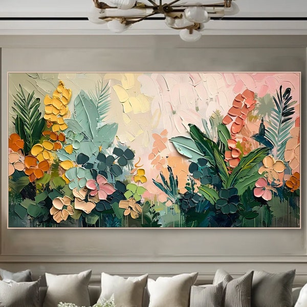 Dreamy Blooms Art Neutral Tones Flower Painting on Canvas Pastel Floral Canvas Art Luxurious Painting Heavy Impasto Art Tranquil Bedroom Art