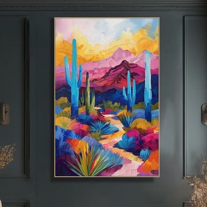 Abstract Cactus Flower Painting Large Wall Art Colorful Desert Canvas Modern Impressionist Art Floral Decor Hand-Painted Oil Painting