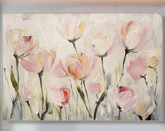 Dreamy Floral Canvas Art Elegant Impressionist Cream Pink Blossoms  Flower Painting on Canvas Contemporary Luxurious Neutral Tons Decor