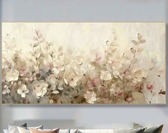 Abstract Floral Canvas Art Elegant Impressionist Cream Blue Blossoms  Flower Painting on Canvas Contemporary Luxurious Neutral Tons Decor