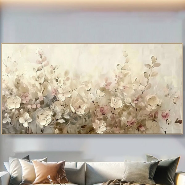Abstract Floral Canvas Art Elegant Impressionist Cream Blue Blossoms  Flower Painting on Canvas Contemporary Luxurious Neutral Tons Decor