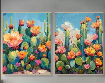 Pallet Knife Cactus Flower Painting 3D Textured Wall Art Colorful Desert Canvas Modern Diptych Painting a Set of 2 Painting Living Room Art