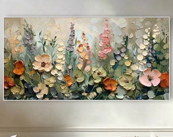 Fleurs rêveuses, tons neutres, peinture sur toile, toile florale pastel, peinture luxueuse, art empâtement épais, chambre à coucher tranquille