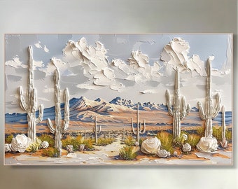 Textured Cactus Painting on Canvas: Desert Landscape Impasto Art