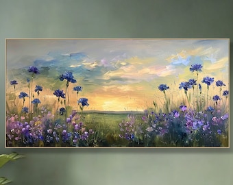 Peinture de champ de fleurs d'iris coucher de soleil sur toile Art vintage impressionniste de paysage de fleurs sauvages Art de prairie tranquille Art de salon floral vif