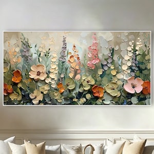 Puede incluir: Una pintura de un campo de flores en tonos de rosa, naranja, amarillo y verde. Las flores están pintadas en un estilo texturizado, dando a la pintura un aspecto tridimensional.