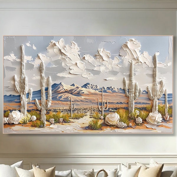 Strukturiertes Kaktus Bild auf Leinwand: Wüstenlandschaft Impasto Kunst