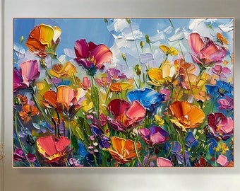 Colorful Meadow Canvas Art, Vibrant Flower Painting on Canvas, Textured Acrylic Painting, Impasto Cheerful Floral Art, Living Room Wall Art