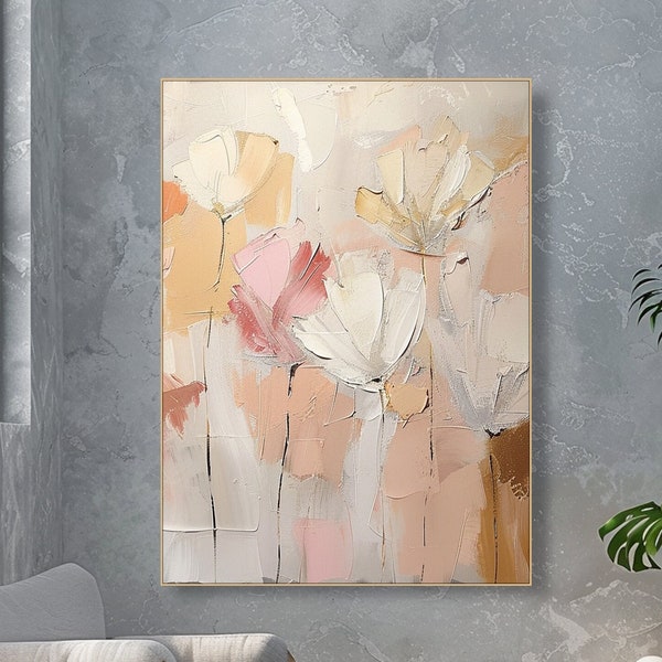 Dreamy Floral Canvas Art Elegant Impressionist Cream Pink Blossoms  Flower Painting on Canvas Contemporary Luxurious Neutral Tons Decor