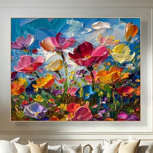 テクスチャのあるインパスト花の絵画：カラフルな野花のキャンバスアート