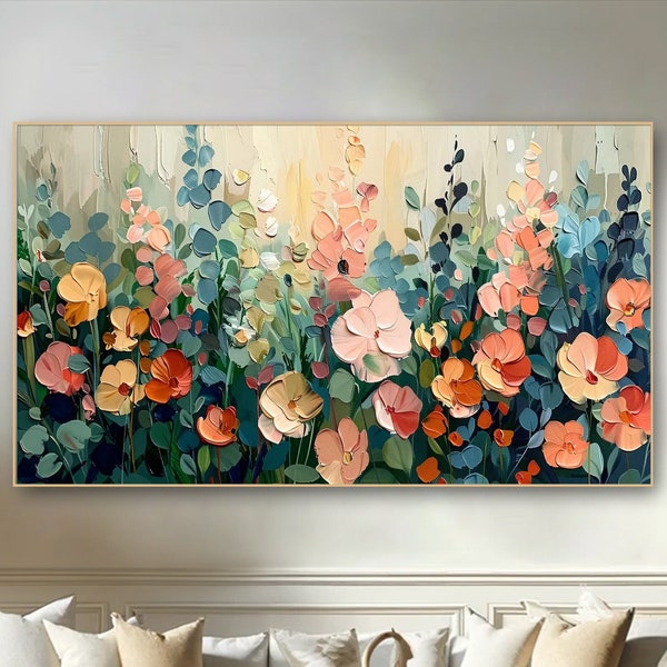 Dreamy Plants Art Neutral Tones Flower Painting on Canvas Pastel Floral Canvas Art Luxurious Painting Heavy Impasto Art Tranquil Bedroom Art