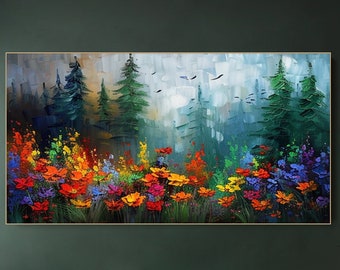May include: A colorful painting of a forest scene with a field of flowers in the foreground. The flowers are in shades of red, orange, yellow, pink, purple, and blue. The trees are green and the background is a hazy blue.