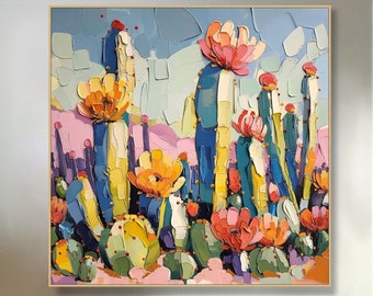 3D Textured Abstract Cactus Flower Painting Large Wall Art Colorful Desert Canvas Modern Impressionist Art Floral Decor Living Room Artwork