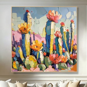 3D Textured Abstract Cactus Flower Painting Large Wall Art Colorful Desert Canvas Modern Impressionist Art Floral Decor Living Room Artwork