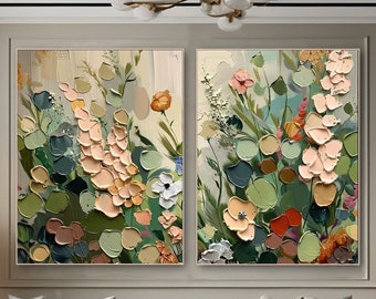 Floral Painting On Canvas 3D Impasto Textured Wall Art Vertical Diptych Wall Art Botanical Artwork Modern Abstract Art Large Living Room Art