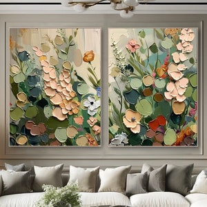Floral Painting On Canvas 3D Impasto Textured Wall Art Vertical Diptych Wall Art Botanical Artwork Modern Abstract Art Large Living Room Art