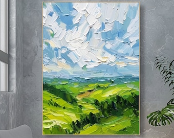 Bright Landscape Painting Textured Sky Field Canvas Hand-Painted Hills and Clouds Impressionist Decor Nature-Inspired Art Tranquil Fine Art