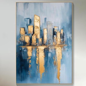 Textured Gold Skyline Painting: 3D Abstract Cityscape Canvas Art