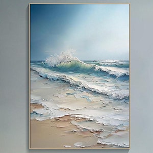 Pintura de ondas azuis do oceano: arte em tela texturizada empastada