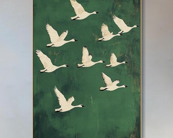 Minimalist Geese Painting on Canvas: Green Nature Textured Wall Art