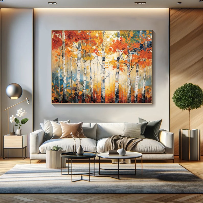 Autumn Painting on Canvas 3D Birch Trees Textured Wall Art Vibrant Fall