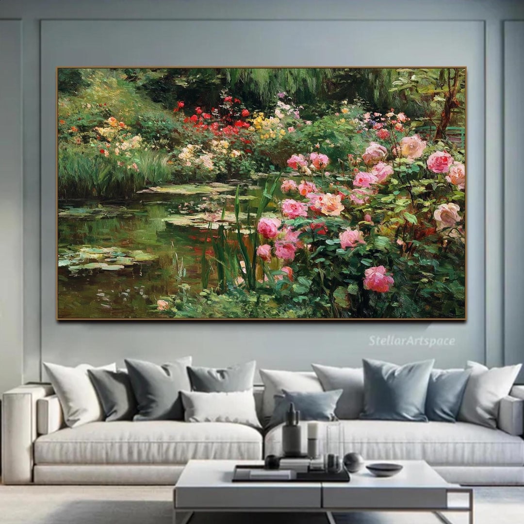 Impressionist Garden Pond Pink Roses Monet Style Texture Wall Art ...