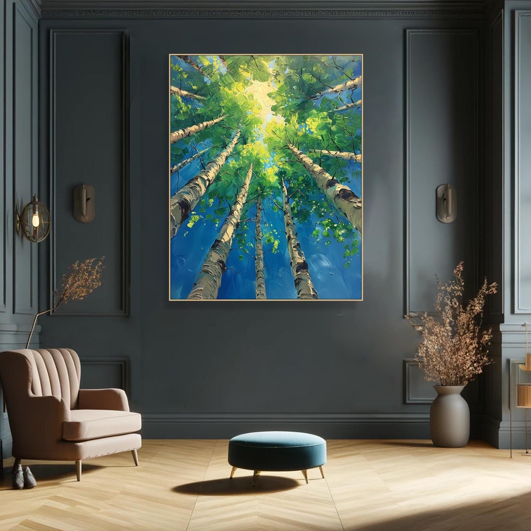Original Green Forest Oil Painting: Impasto Birch Tree Textured Canvas ...