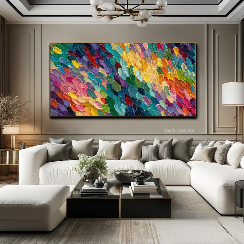 Colorful Abstract Oil Painting on Canvas Large Horizontal Textured Wall ...