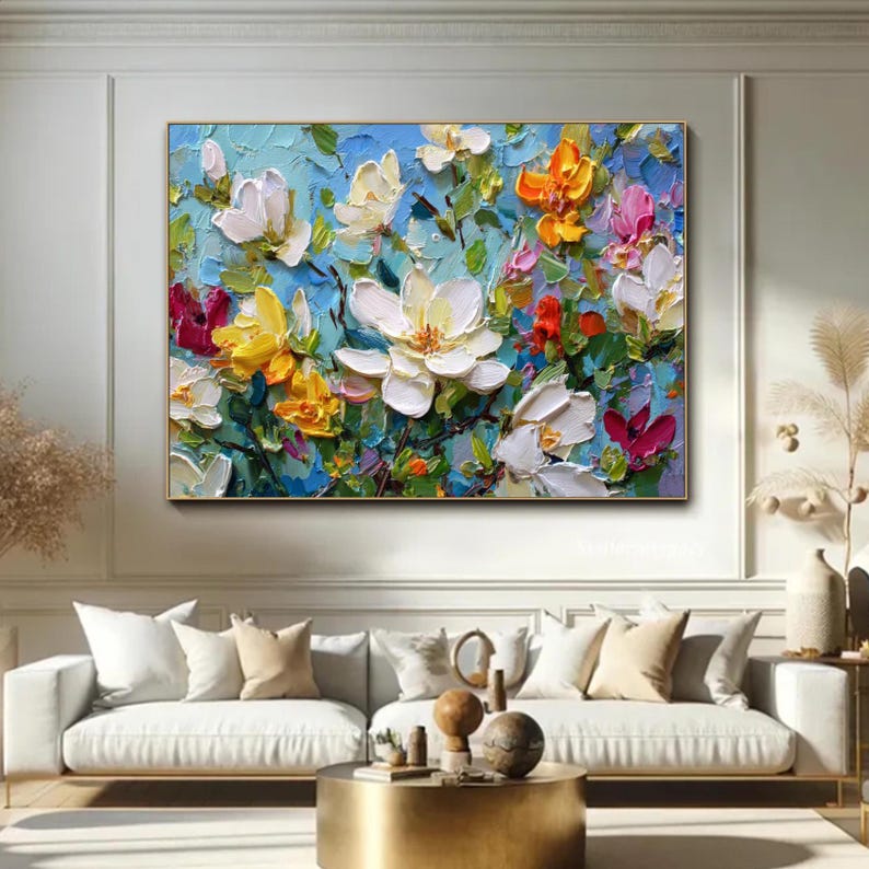 Heavy Impasto Flower Oil Painting on Canvas Spring Garden Textured Wall ...