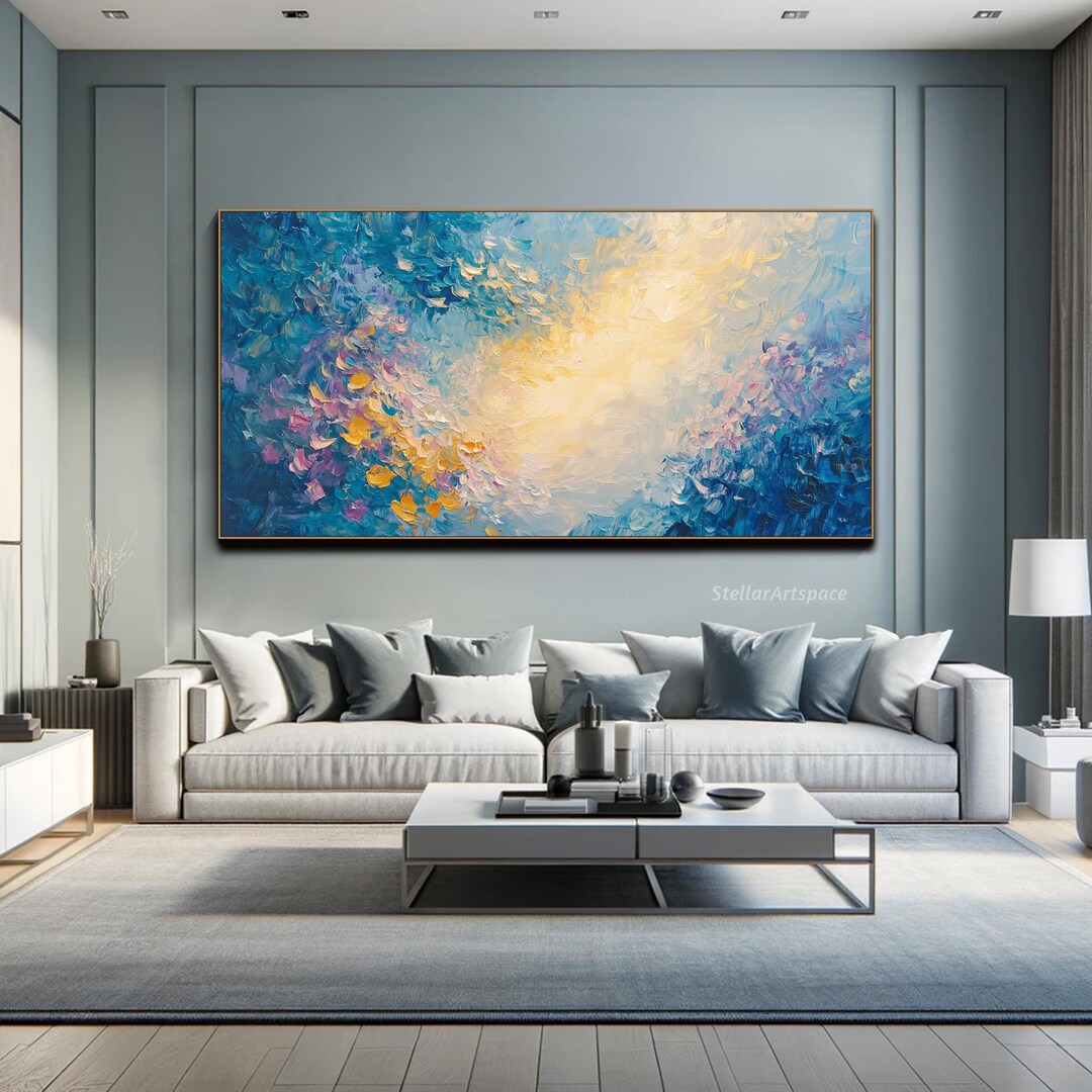 Abstract Textured Painting on Canvas Blue Gold Wall Art Light Burst ...