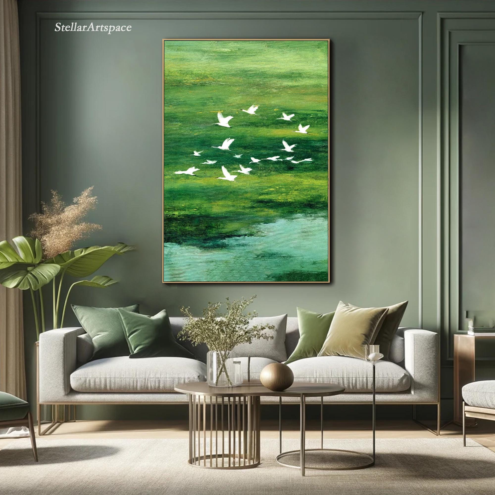 テクスチャのある緑の草原の絵画：飛ぶ鳥、現代の自然アート - Etsy 日本