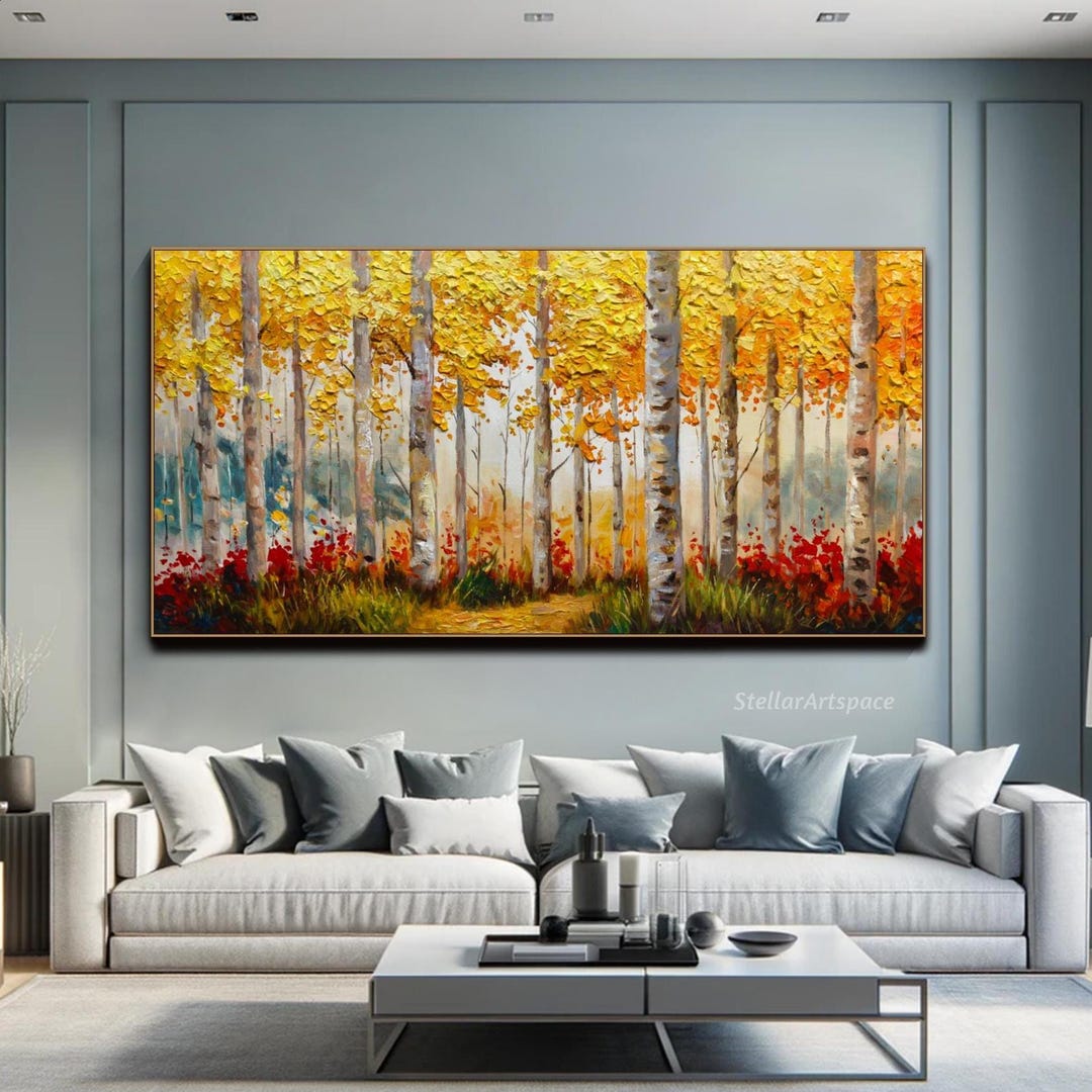 Autumn Birch Forest Painting on Canvas Textured Wall Art Golden Tree ...