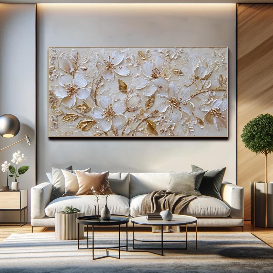 Textured Floral Painting: 3D White Flowers, Neutral Tone Canvas Art - Etsy