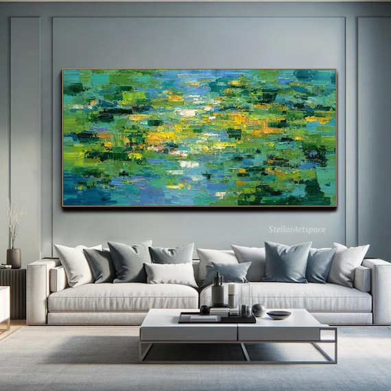 抽象的な自然の質感のある壁アート、緑と青の風景の油絵、キャンバスに