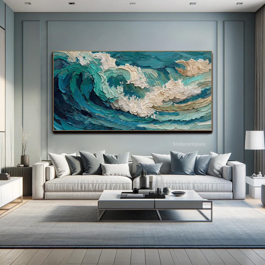 Ocean Wave Oil Painting on Canvas Seascape Textured Wall Art Blue Green ...