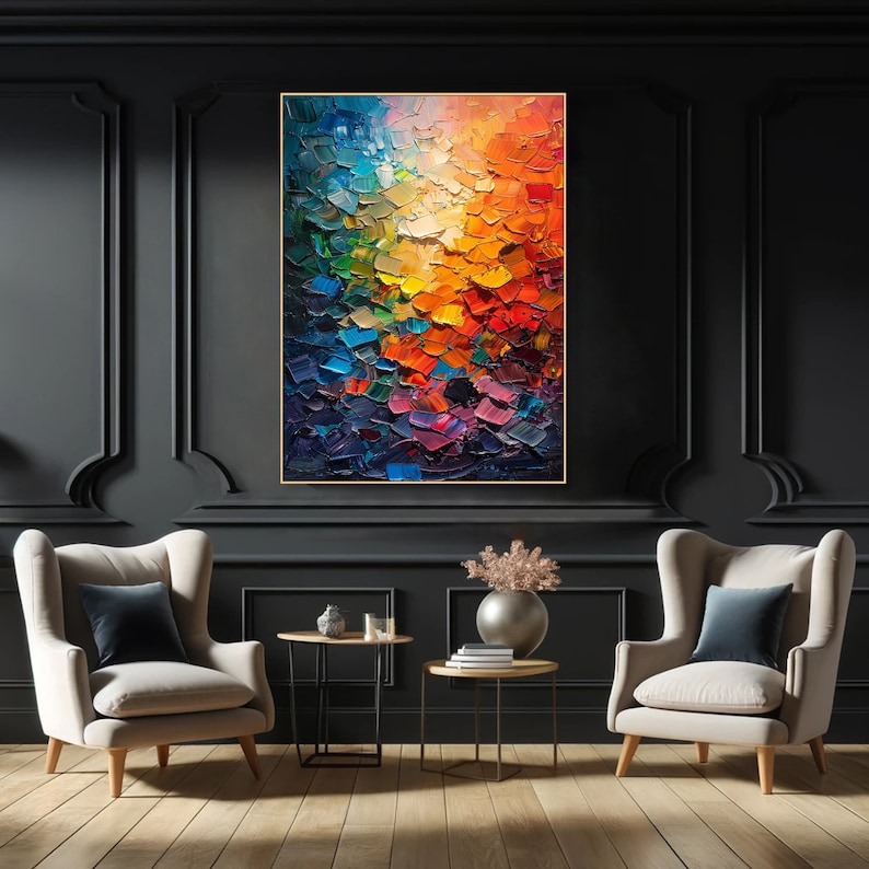 Vibrant Abstract Impasto Painting on Canvas Multicolored Textured Wall